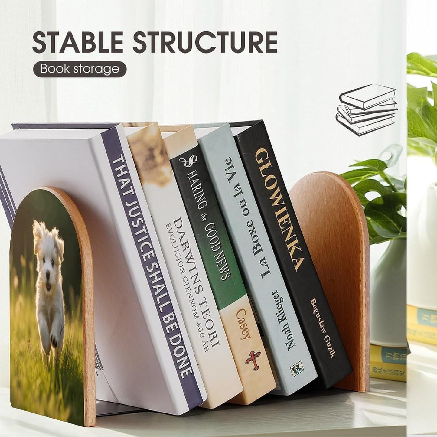 Puppy Crossing The Grass Bookend for Shelves Wooden Book End Large Size Sturdy Book Holders Stoppers with Metal Base for Bookshelves Slick Decorative Bookends Stands
