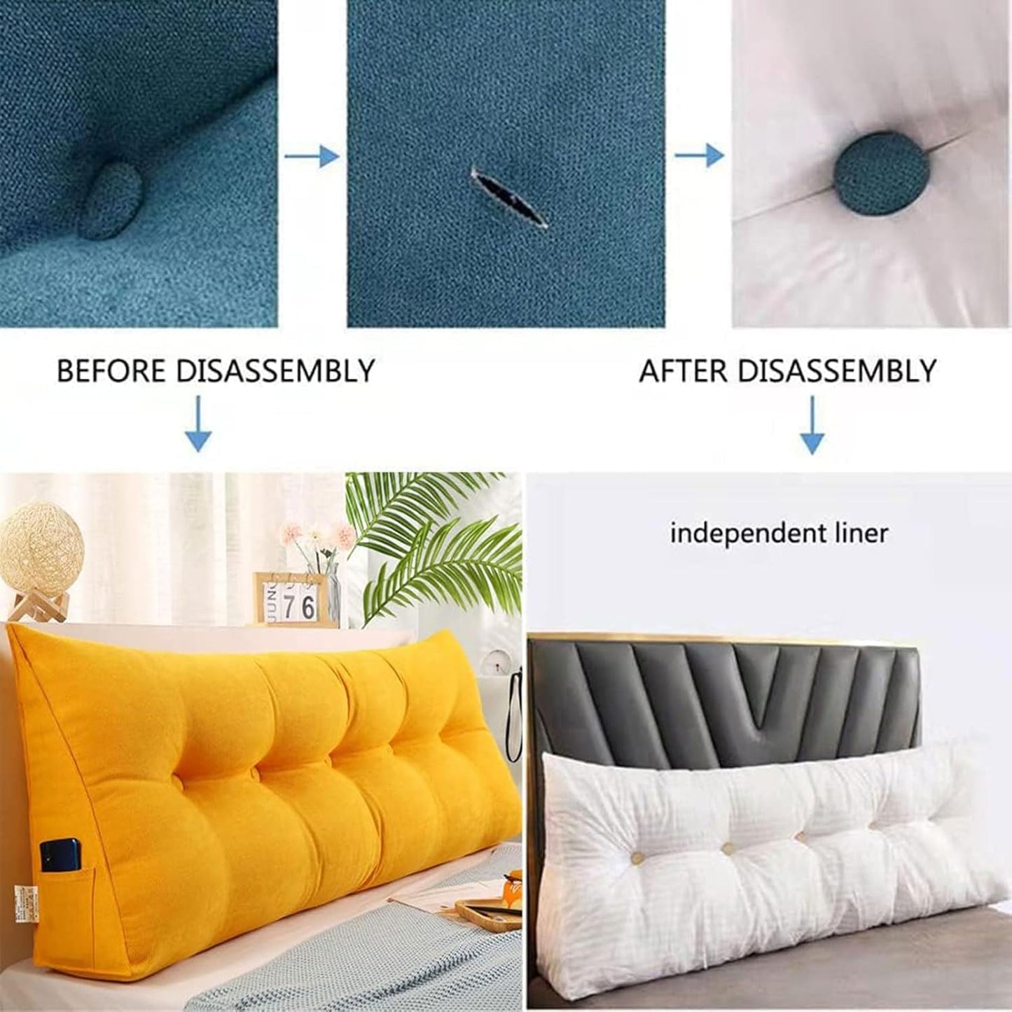 Large Triangular Headboard Pillow, Solid Color Triangle Cushion Reading Pillow, Bolster Positioning Support Wedge Pillow for Daybed Bed with Removable Cover(Size:59"/150cm,Color:Yellow)