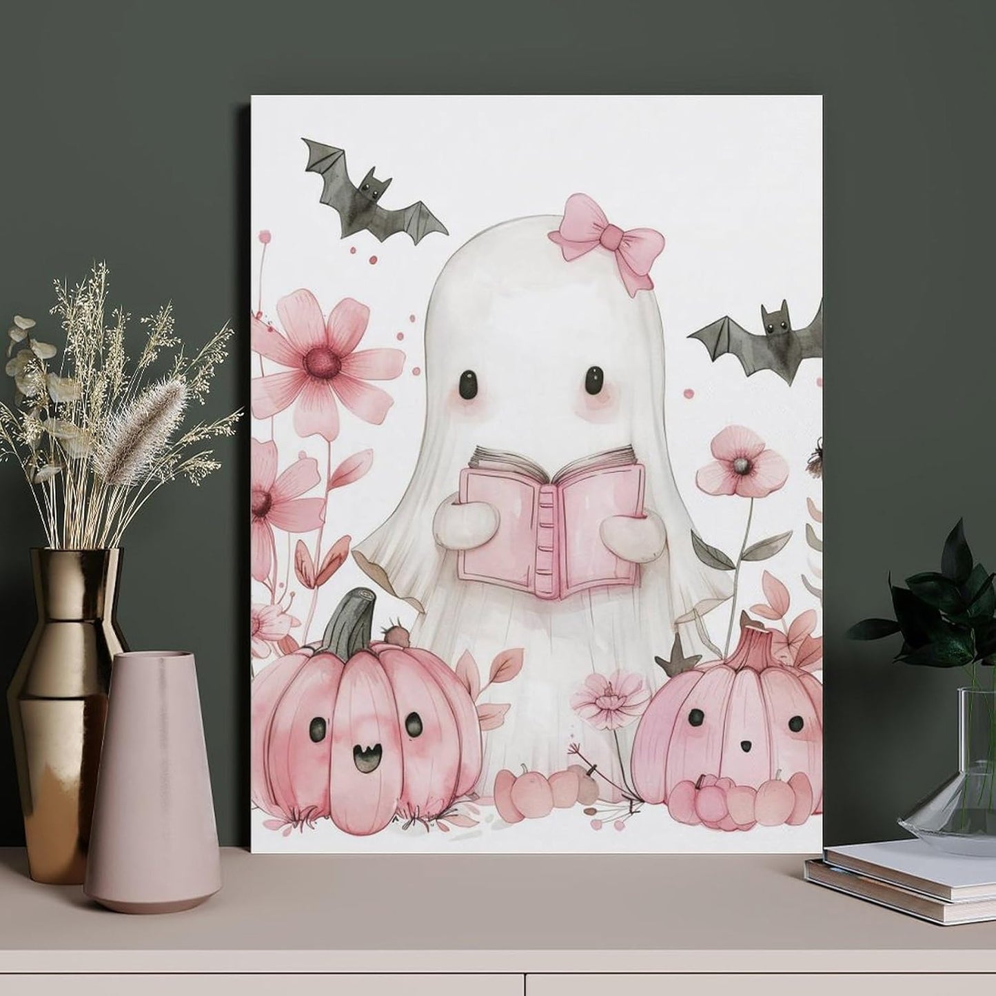 HouLaiZhe Halloween Poster Ghost Reading Pumpkin Canvas Wall Art Prints Halloween Decorations Room Aesthetic Gothic Wall Decor for Living Room Bedroom 18x24inch(45x60cm)
