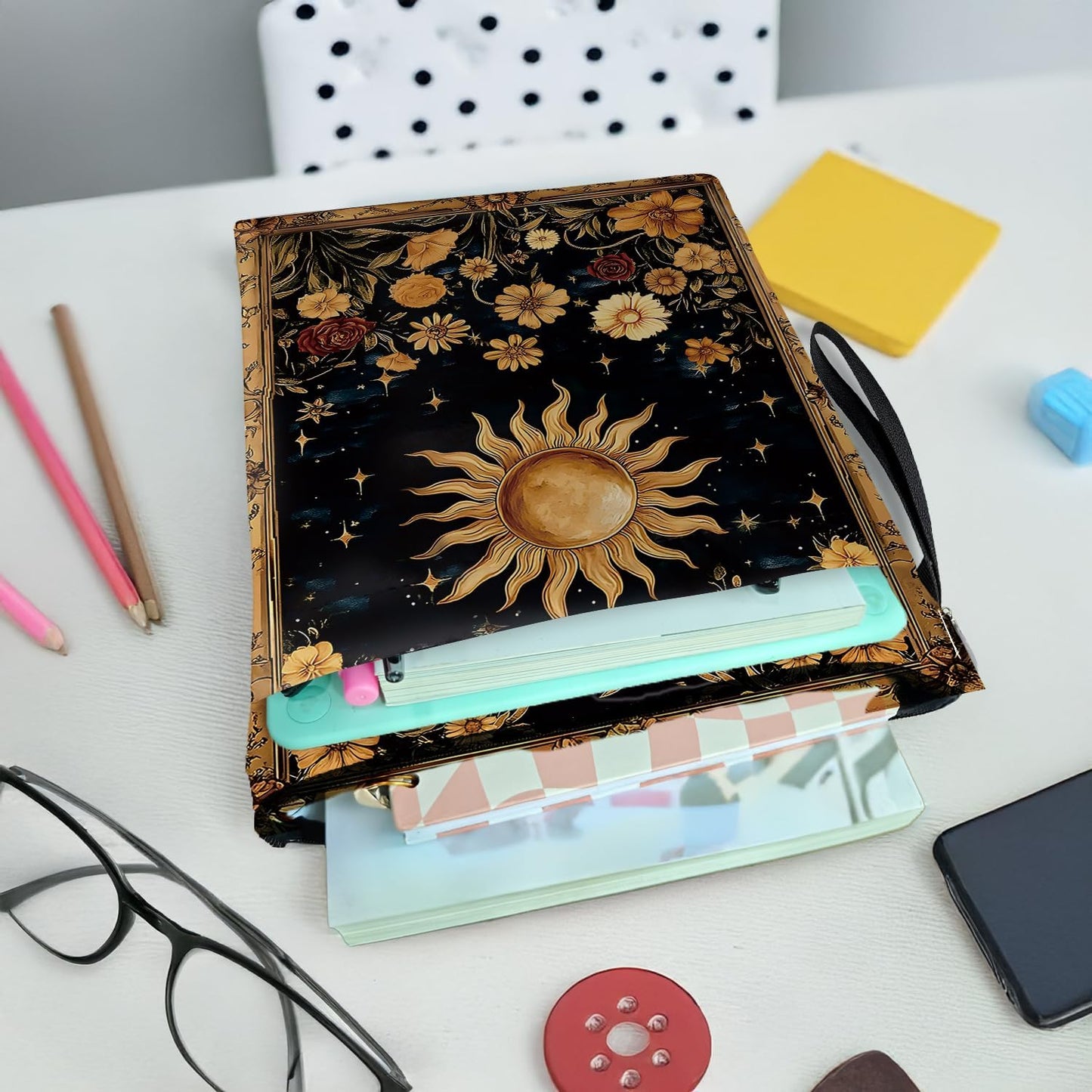 Mystic Sun and Moon Tarot Book Cover, Waterproof Book Sleeve with Zippered Front Pocket Retro Flowers Book Pouch for Book Lovers, Christmas, Birthday, Graduation Gifts (Flower&Moon, Large)