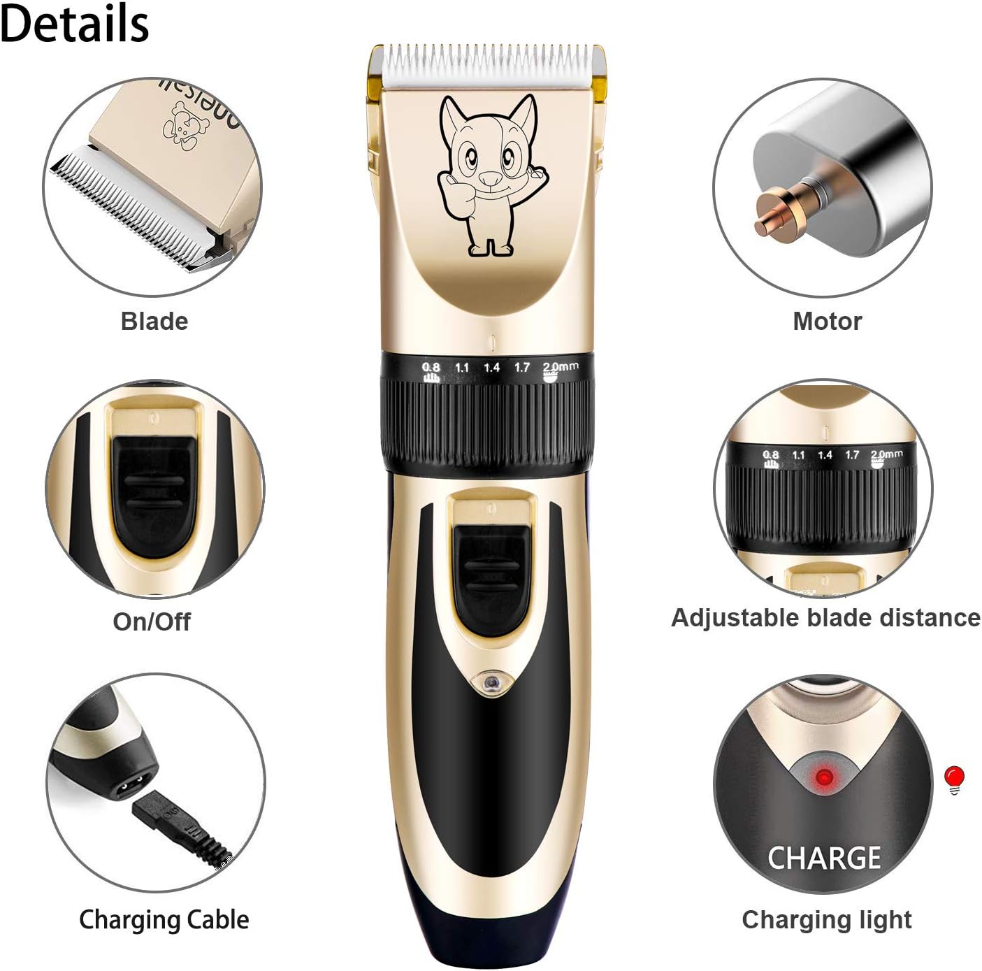 Highdas Dog Grooming Kit Clippers, Low Noise, Electric Quiet, Rechargeable, Cordless, Pet Hair Thick Coats Clippers Trimmers Set, Suitable for Dogs, Cats, and Other Pets (Gold)