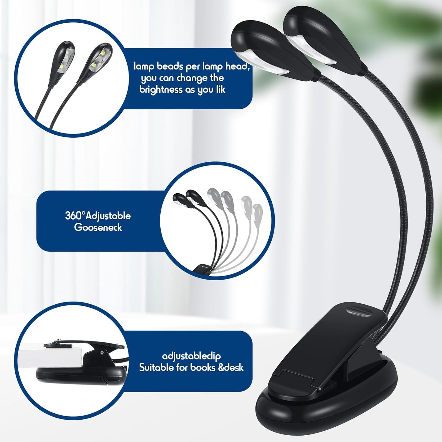 10 Pcs LED Book Light USB and AAA Battery Operated Music Stand Clip on Reading Light 4 Brightness Levels Dual Arm Clip Lamp for Eye Protection Bookworms Orchestra Readers Piano Player