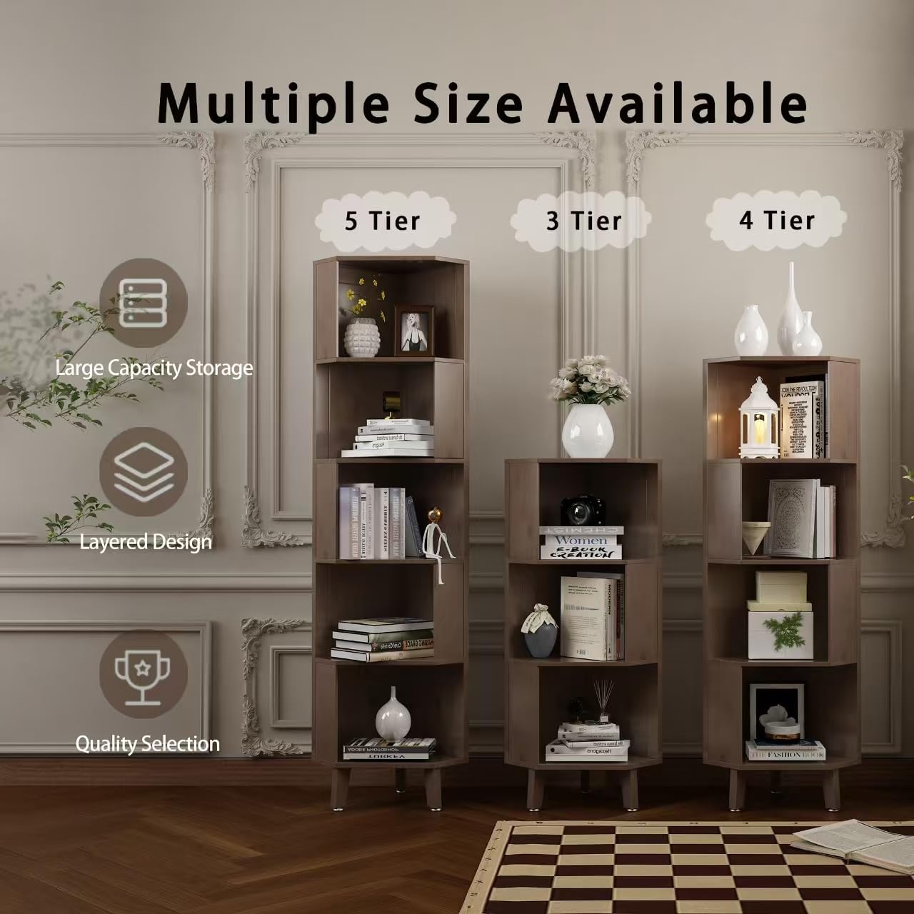 3 Tier Corner Bookshelf, 45.3’’ Tall Bamboo Corner Bookcases with Storage Display Rack for Home Office, Living Room, Study Room (Brown)