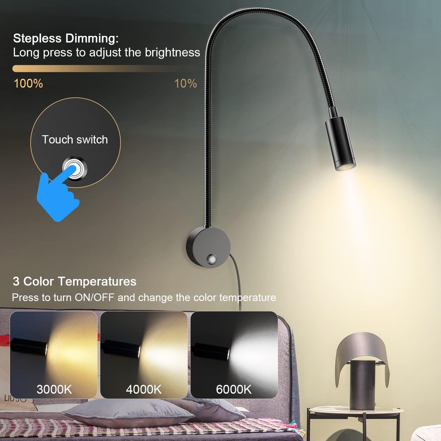 Wall Mounted LED Reading Light with 15" Flexible Gooseneck, Dimmable Book Light for Reading In Bed with USB Charging Port, Plug In Headboard Night Lights, 3 Colors Temperature, Touch Control-2 Pack