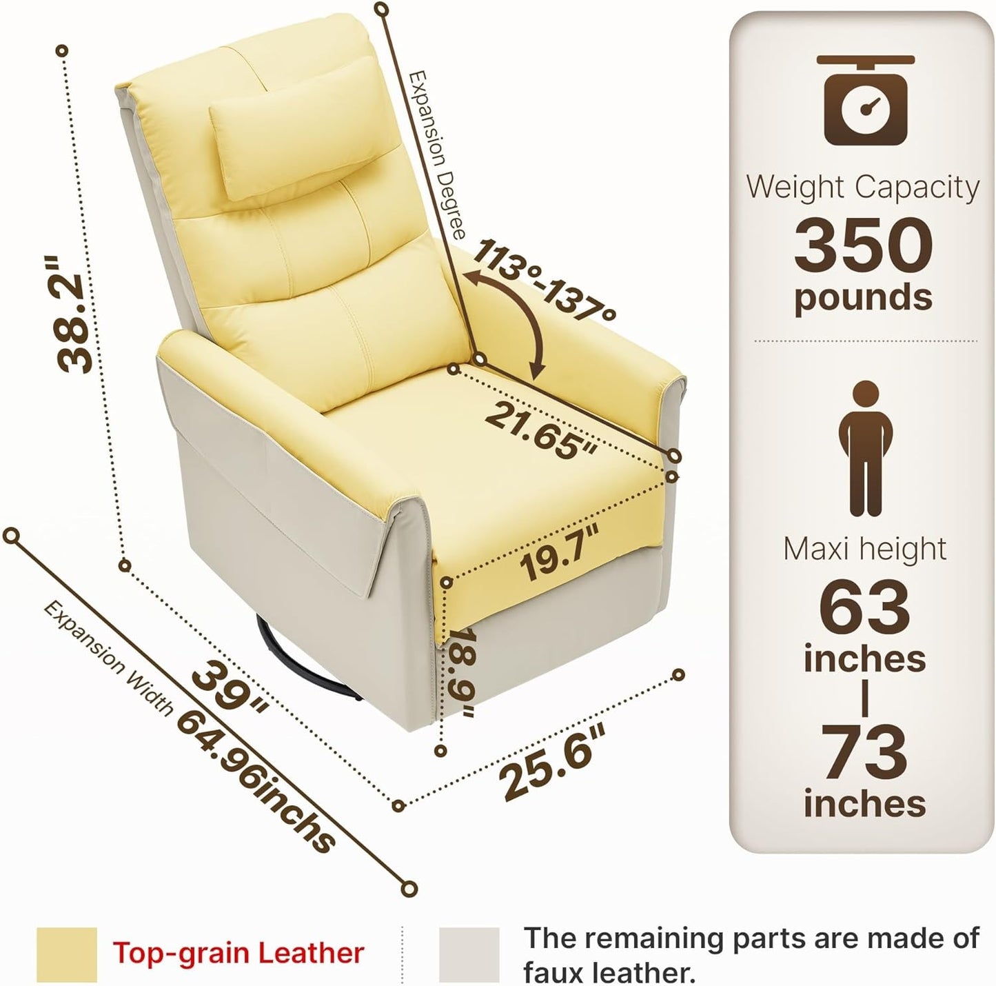 Leather Recliner Chair with Movable Headrest Back Pillow Swivel Rocker Recliners Chairs for Living Room Bedroom Meeting Home Furniture(Brown)