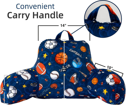 A Nice Night Kids Back Reading Pillow for Reading and Watching TV Bed to Lounge, Basketball Football Baseball Sports Party Printed，with Matching Cushion Cover