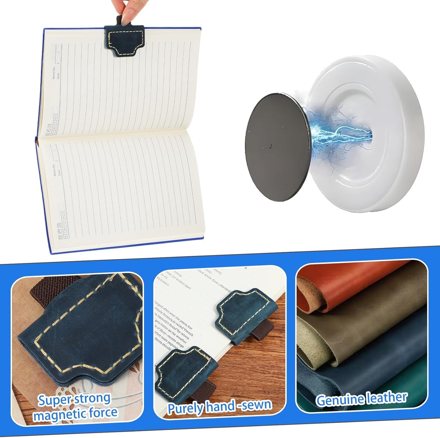 2 Pcs Bygone Mark Bookmark with Pen Holder, Blue Personalized Magnetic Leather Pen Holder Bookmark, Customized Magnetic Bookmarks for Reading Women Book Lovers, Gifts for Booklovers
