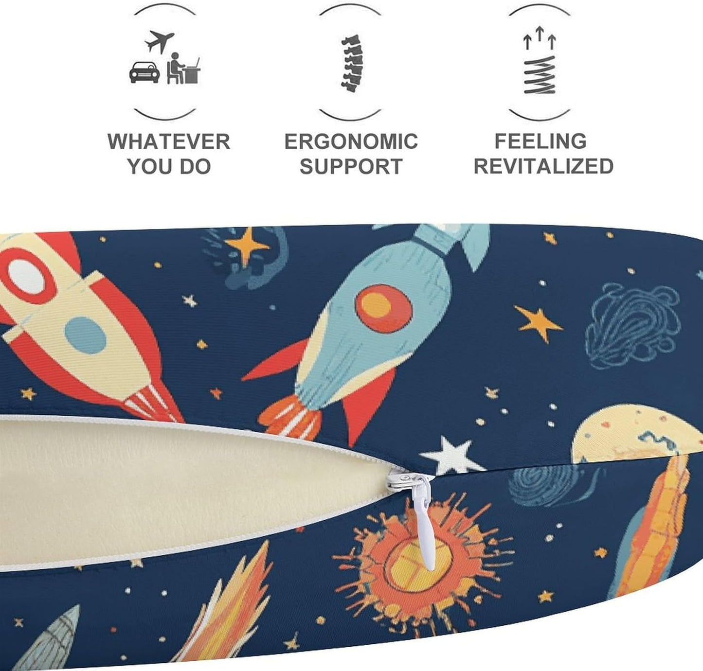 Rocket in Space Neck Pillow Memory Foam U Shaped Pillows Portable Pillows for Shoulder Travel Head Support Pillow with Concealed Zipper for Airplane Car Home Office