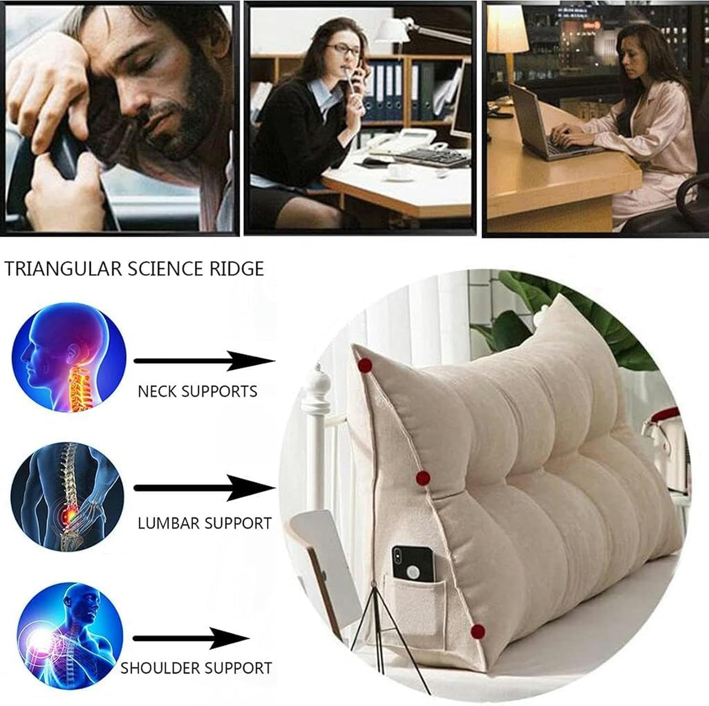 FLTRGO Triangular Headboard Pillow, Solid Color Triangle Cushion Reading Pillow, Large Bolster Positioning Support Wedge Pillow for Daybed Bed with Removable Cover