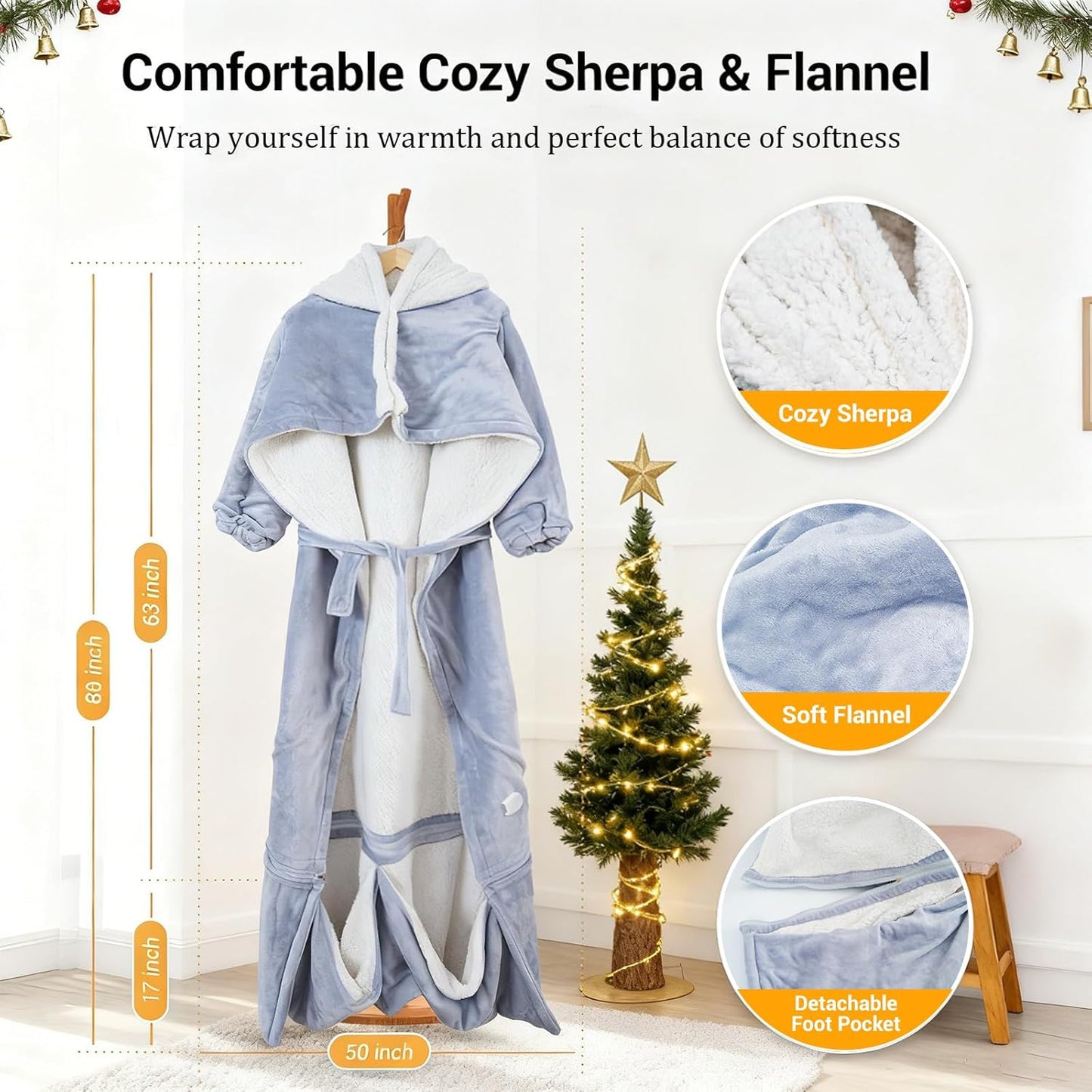 Electric Heated Blankets Hoodie for Women with Removable FootPocket,Wearable Heated Blanket Throw with Sleeves Heated Robe Flannel&Sherpa Heating Wrap Poncho Shawl with 9 Temp 50"x80"