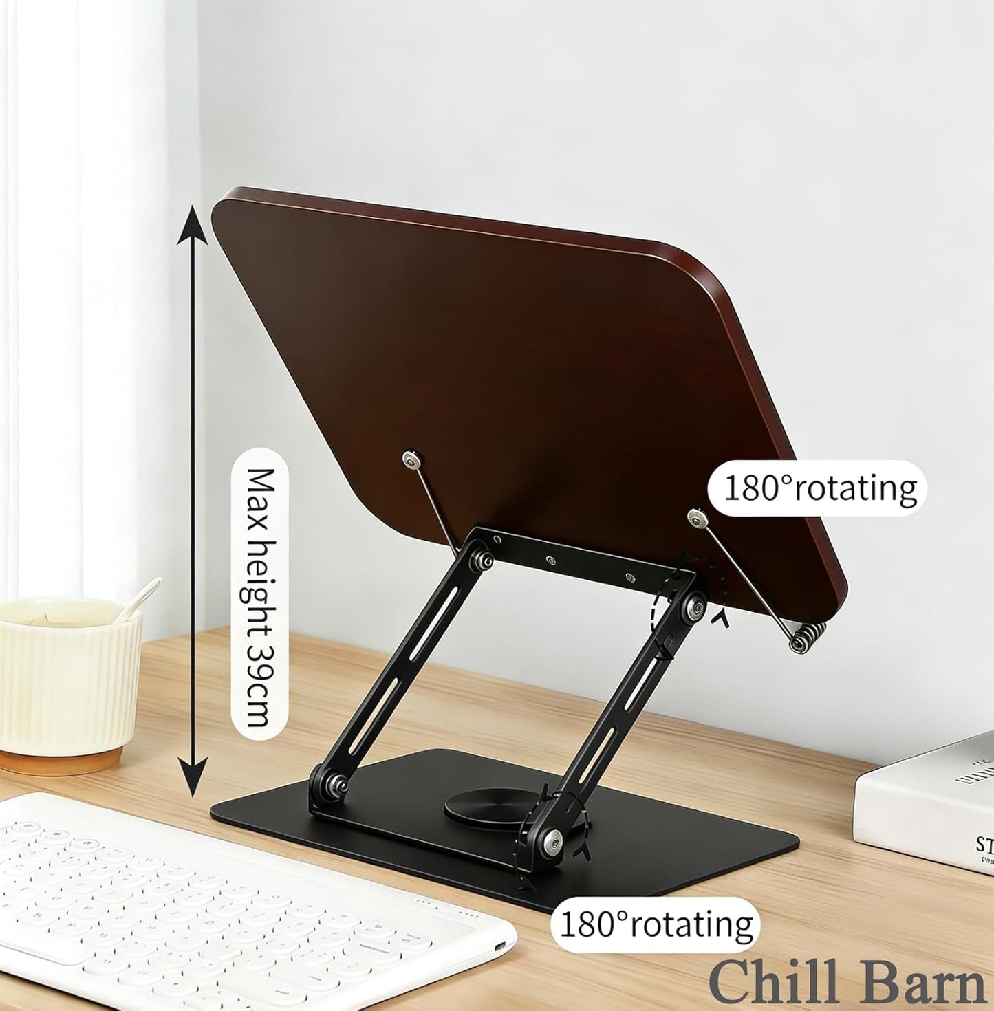 Chill Barn;Book Stand for Reading, 360° Rotating Hands Free Book Holder, Adjustable Height and Angle, Page Clip for Cookbook, Recipe, Magazine, Laptop,Tablet, Foldable for Kitchen, Office, School;