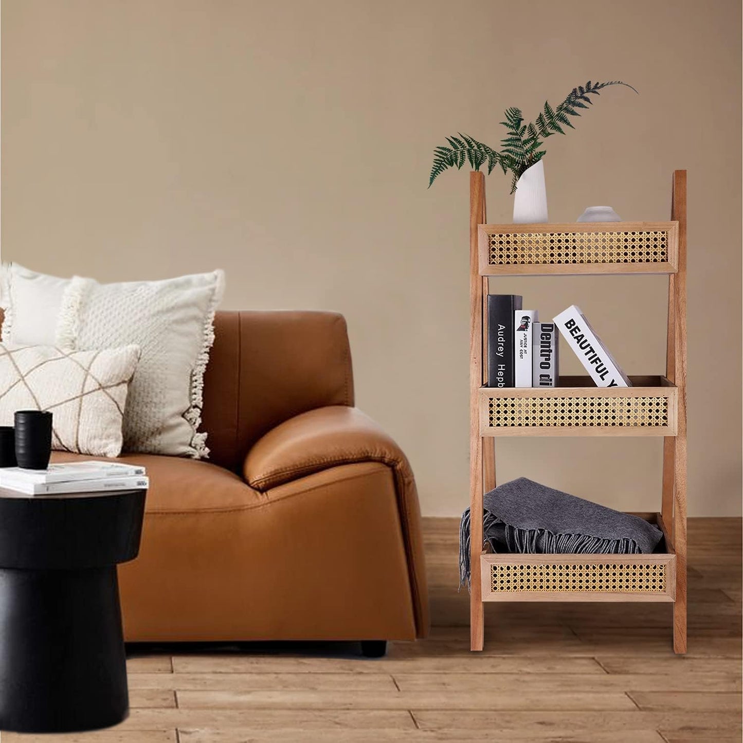 ZYBT Ladder Bookshelf, 3-Tier Rattan Bookshelf, Free Standing Bookcase, Blanket Ladder, Wood Organizer Storage Shelves for Living Room Bedroom Kitchen Balcony and Home Office