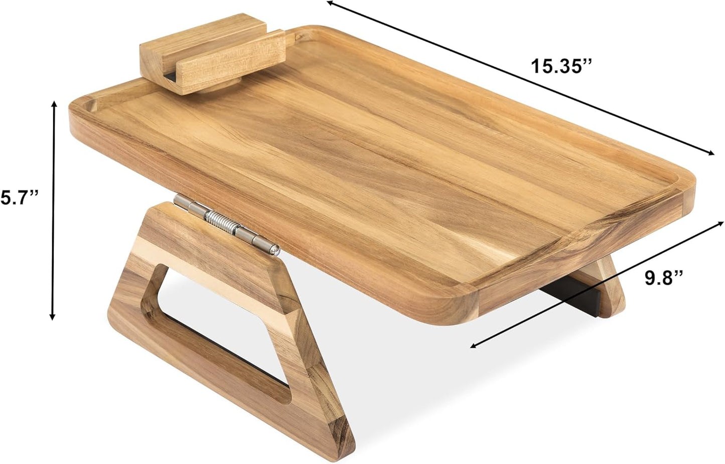 아카시아 나무 암 테이블 (깊이 39cm(15.4인치) x 너비 24.9cm(9.8인치) x 높이 14.5cm(5.75인치)), TV 저녁 식사를 위한 소파 암 트레이, 리모컨, 접이식 팔걸이 오거나이저, 직사각형 소파 팔걸이 트레이 - 라이트 내추럴