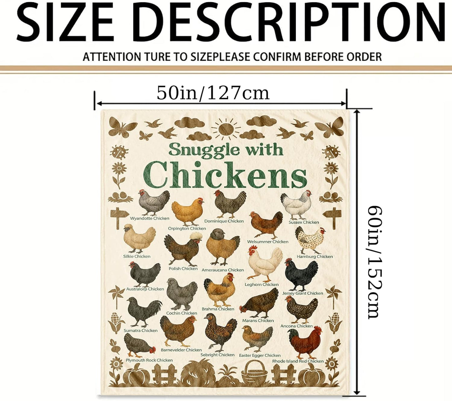 Snuggle with Chickens Throw Blanket 50 x 60 Inch, Chicken Breeds Chart Educational Farmhouse Decor, Cozy Poultry Lover Gift Birthday Christmas Housewarming (Chicken)