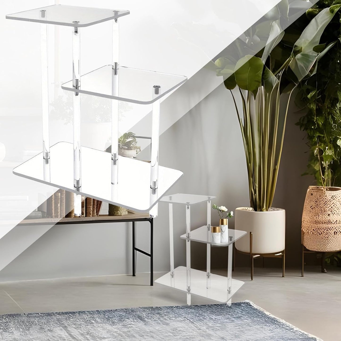 Acrylic Side Table - 3-Tier Small Square Desk, 1 Unit Clear Acrylic Side Table for Laptops, Transparent Tiered Rack with Polished Edge, Home Supply, Bedside Unit for Bedrooms and Living Rooms
