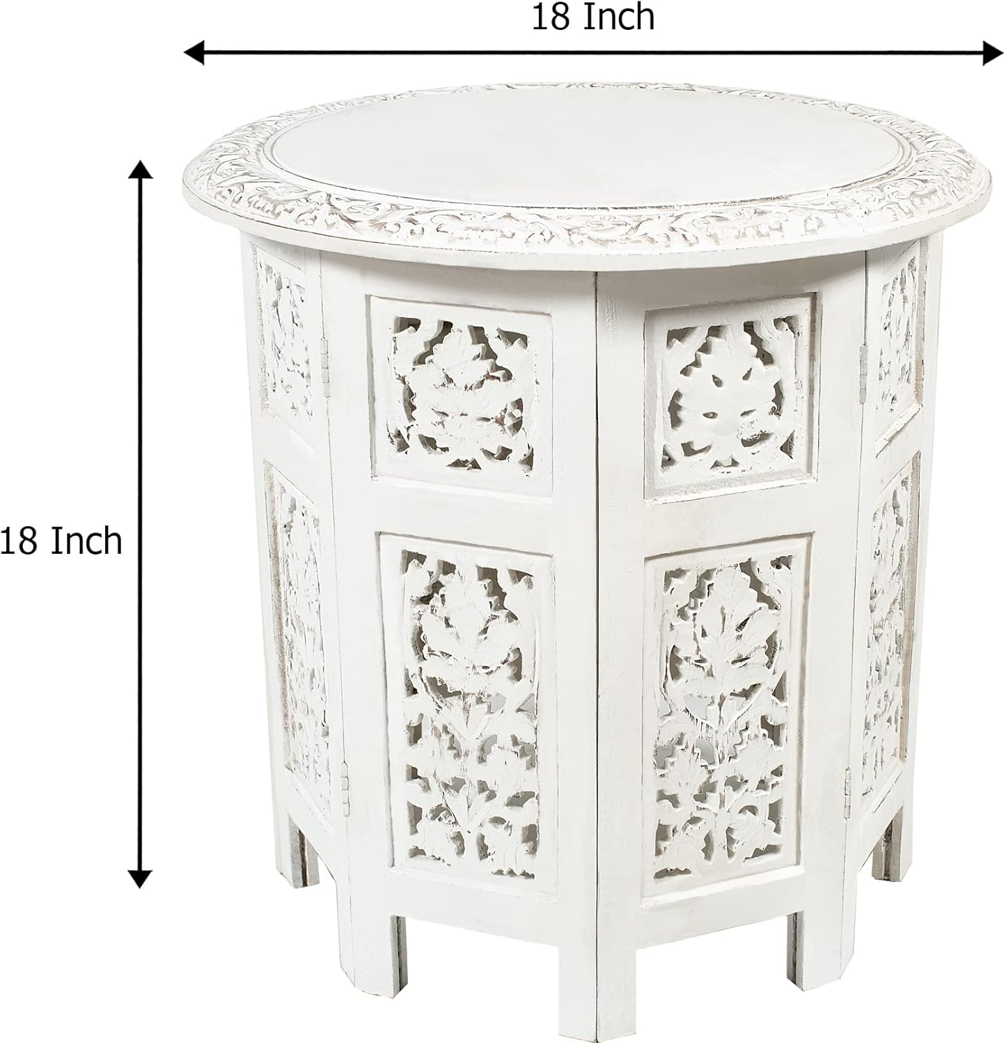 COTTON CRAFT Solid Wood Accent End Table - Hand Carved Vintage Boho Folding Side Table - Small Spaces Entryway Farmhouse Living Room Bedside - No Tools Assembly -18x18 Round - Jaipur Antique White