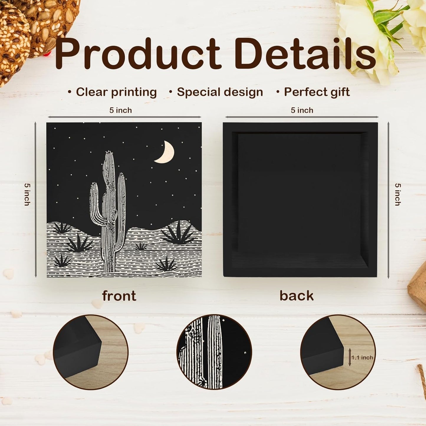 Black Western Cactus Wooden Box Sign Desk Decor, Western Shelf Decor, Farmhouse Desert Decorative Signs for Bedroom Living Room, Mid Century Southwest Home Shelf Desk Decor 5x5 Inch