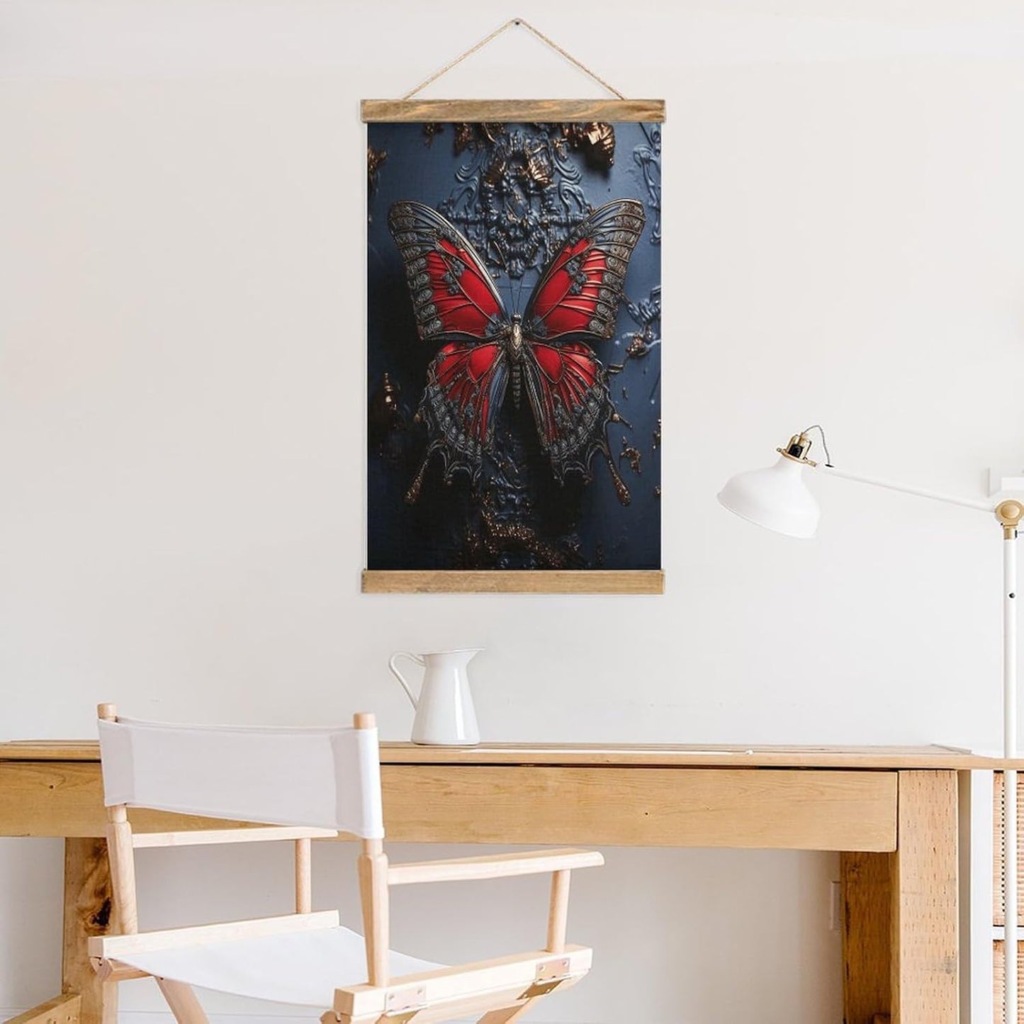 Vintage Red Butterfly Poster with Wooden Frame Personalized Linen Hanging Scroll Painting Rustic Wall Hanging Illustrative Modern Artwork Decor for Home Living Room Bedroom Office