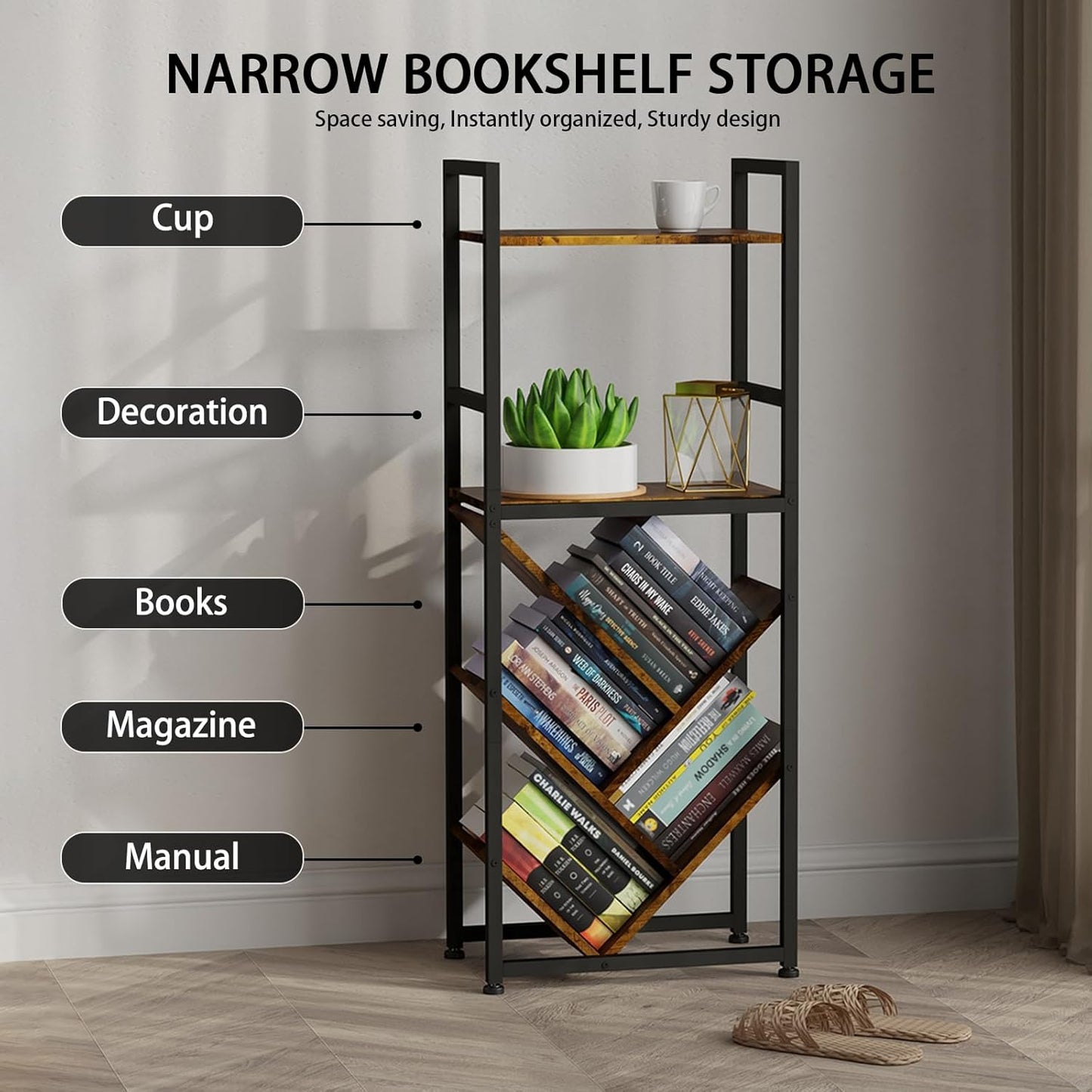 6-Tier Tree Bookshelf for Corner & Small Spaces, Modern Rustic Metal Bookcase Storage Organizer for Books, CDs, Movies – Industrial Floor Standing Bookshelves for Bedroom, Living Room, Home Office