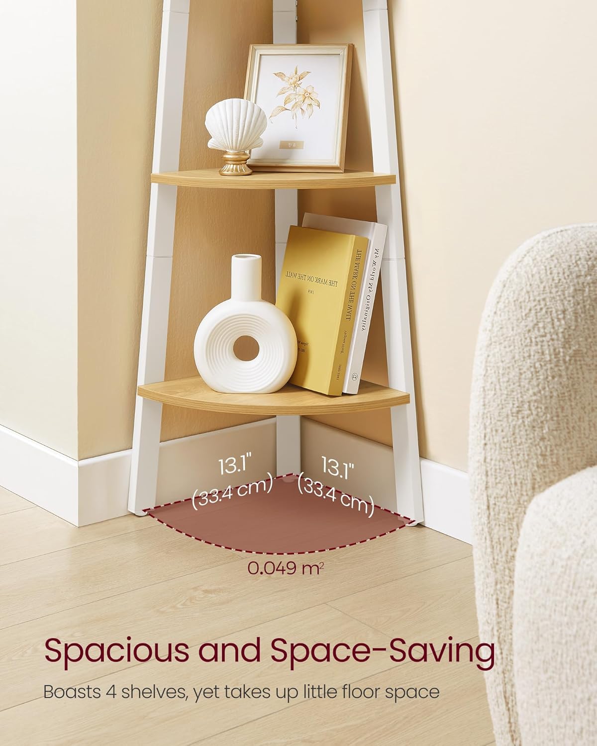 VASAGLE Corner Shelf Stand, 4-Tier Corner Bookshelf, Industrial Ladder Shelf, Plant Stand for Living Room, Office, Kitchen, Natural Oak and Matte White ULLS034Y70