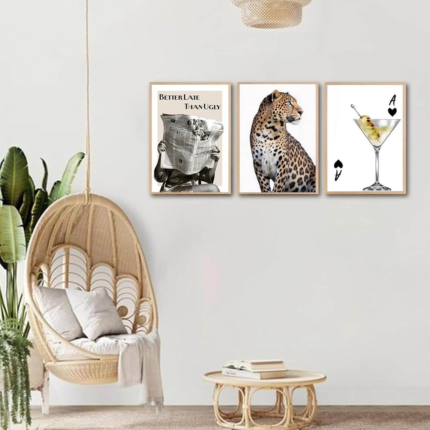3Pcs Gold Leopard Canvas Wall Art Woman Reading Newspaper Leopard Poster Print for Living Room Dining Room Wall Decor（12×18in Unframed）