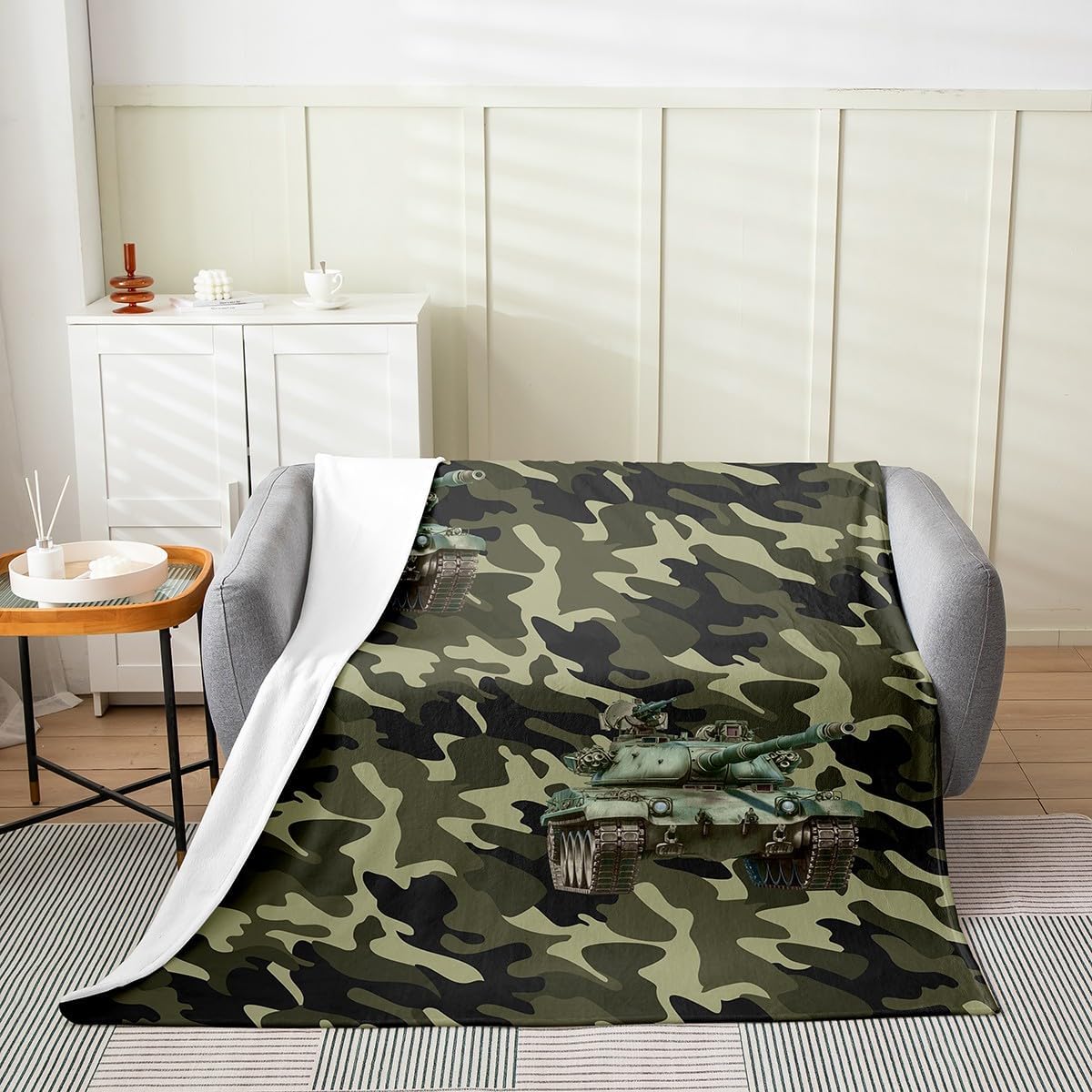 Army Green Tanks Throw Blanket Boys Girls,Dark Green Camo Fuzzy Blanket All Seasons Bed Blanket,3D Print Camouflage Car Plush Blanket Warm,Twin (60 x 80 Inches)