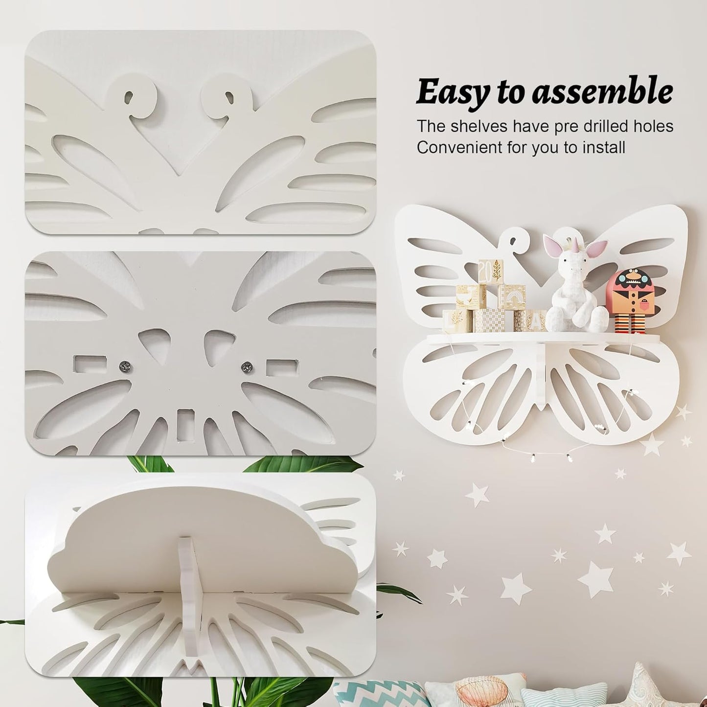 White Butterfly Shelves 2 Tier - Nursery Wall Deor Floating Shelf, Cute Wall Display Rack for Kid’s Room, Small Decorative Shelf Wall Mounted, Hanging Wall Shelf for Toys, Plants Storage.