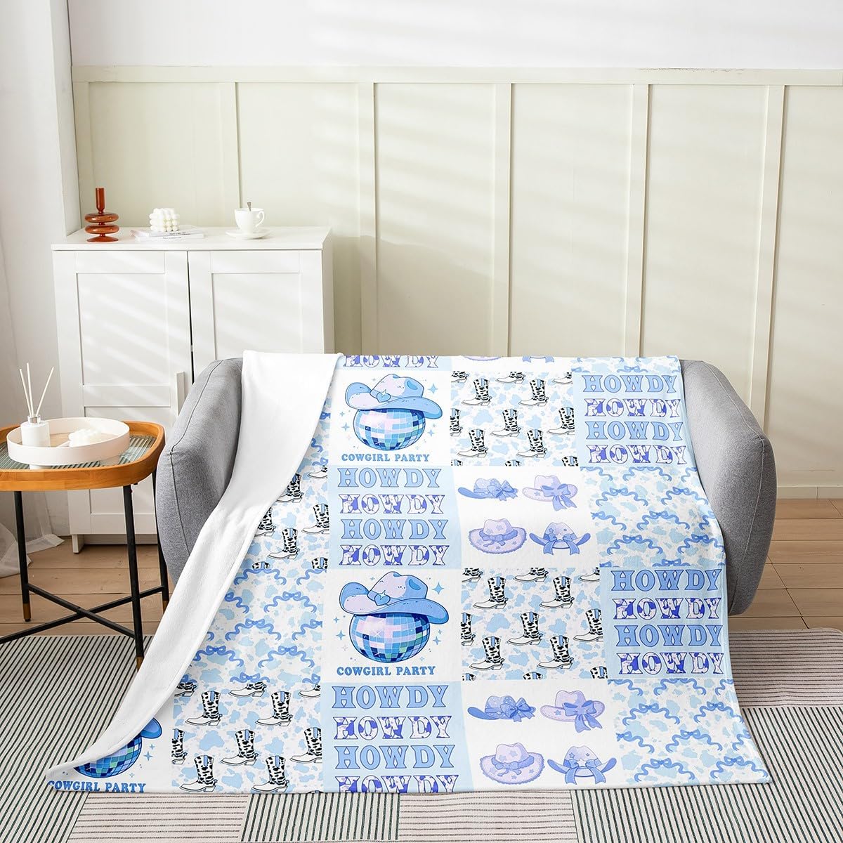 Cowgirl Boots Kids Flannel Blanket,Bow-tie Bowknot Cowboy Hats Disco Ball Bed Blanket for Girls Women,Cow Fur Print Geometric Plaids Fleece Blanket,Blue Fuzzy Blanket,Throw Size (50 x 60 Inches)