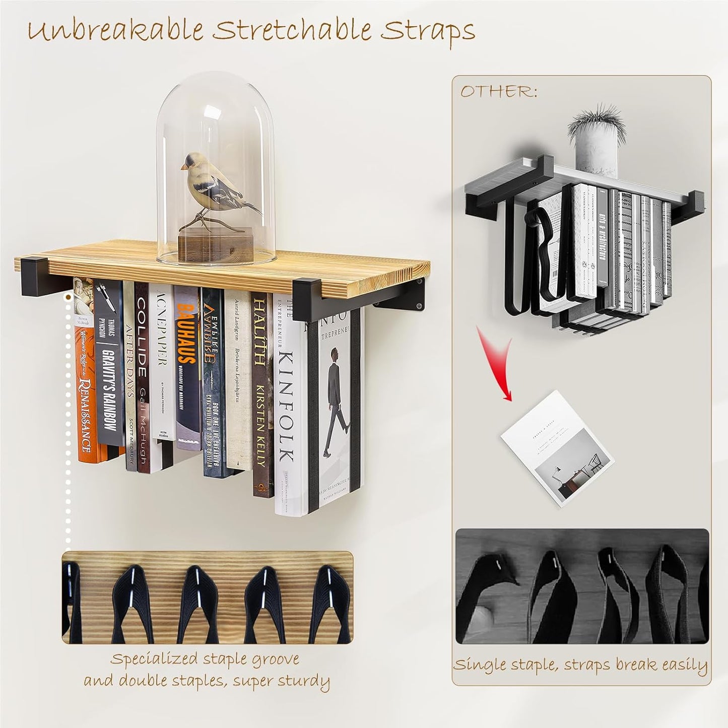 2 Set of Floating Bookshelf, Pine Wood Invisible Bookshelf, Hanging Bookshelves for Wall, Unique Space Saving Wall Bookcase (16.5L×8.7W×1.5H)