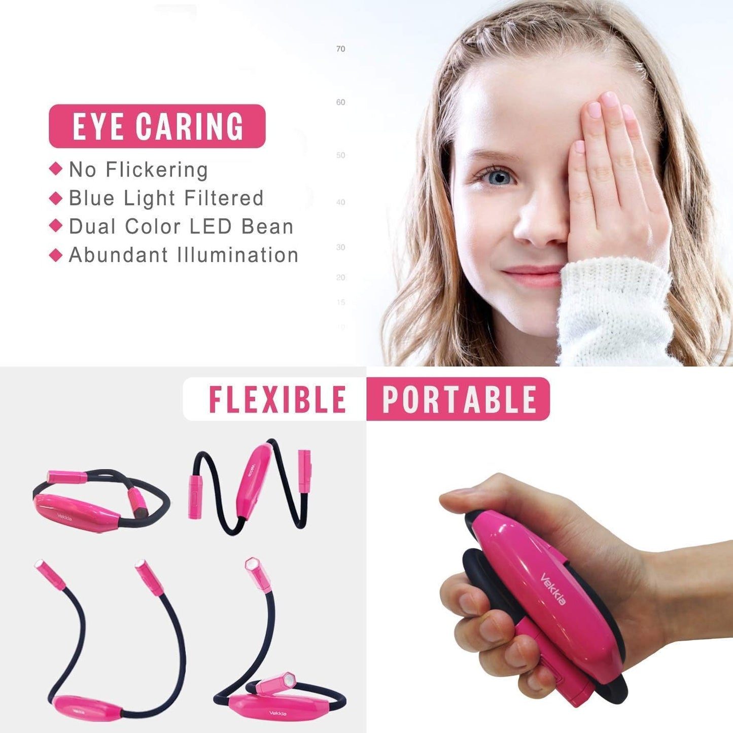 Vekkia Lightweight Neck Reading Light - 3 Colors, 9 Brightness. Rechargeable, Hands - Free, Portable. for Bed Reading, Knitting, Sewing, Crafting. Appeals to Repair & Craft Fans （Pink