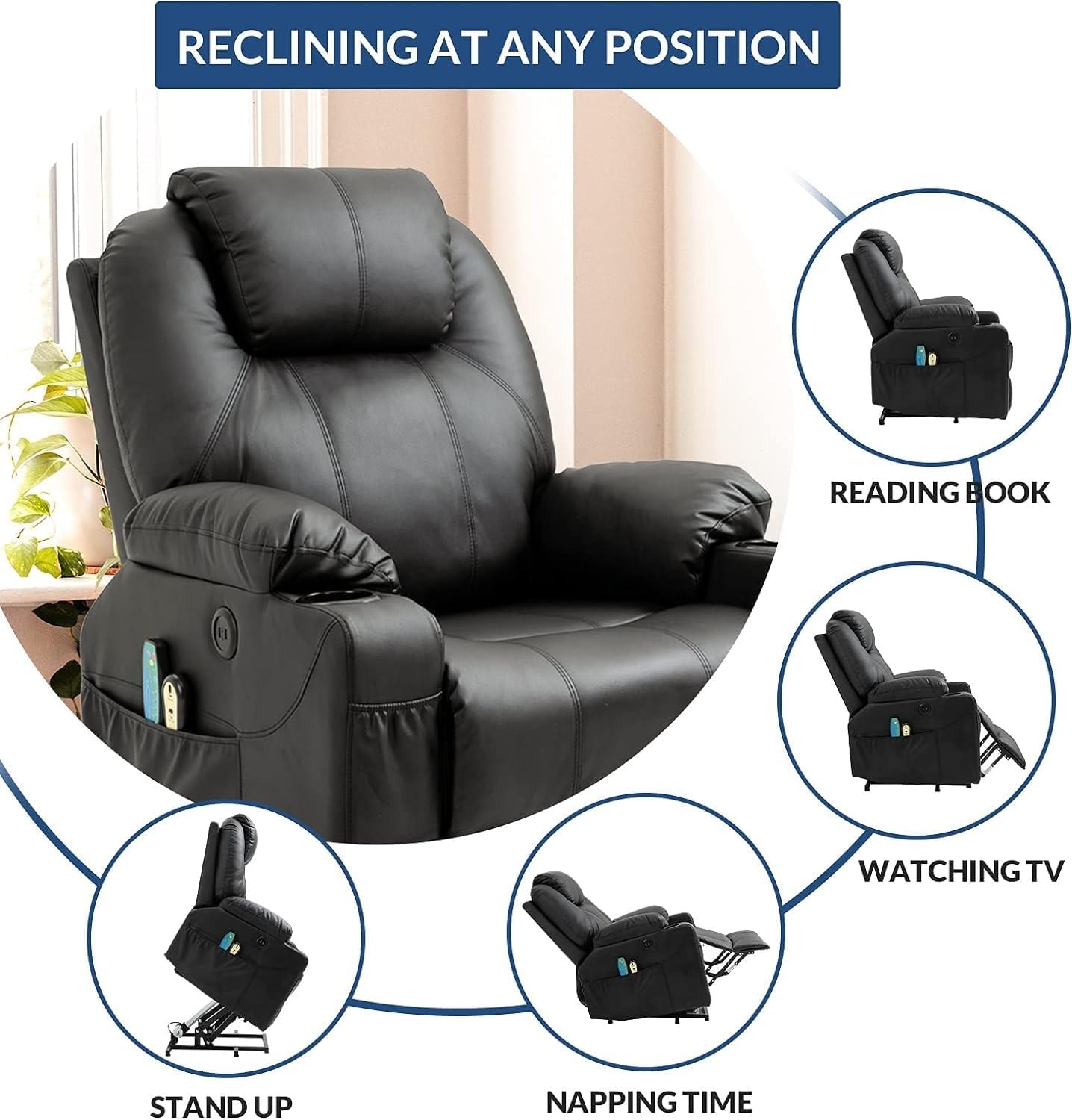 Power Lift Recliner Chair for Elderly, Adjustable Electric Recliner with Heat and Massage, Leather Power Recliner Chair with USB Ports, Cup Holders and Side Pockets