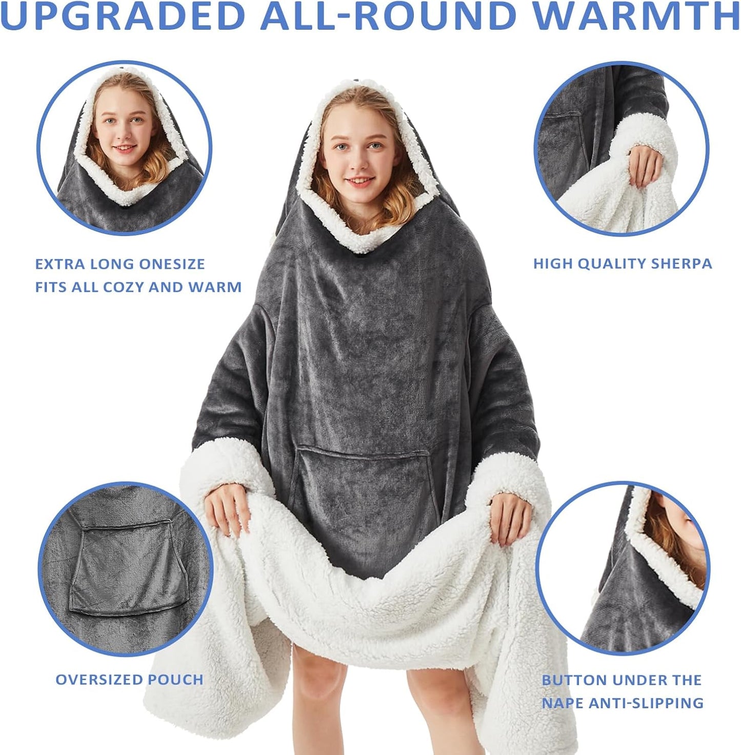 HOSUKKO Sherpa Wearable Blanket Hoodie for Adults - Oversized comfy blanket hoodie with Pockets - Super Soft Gift for Mom Wife - Grey