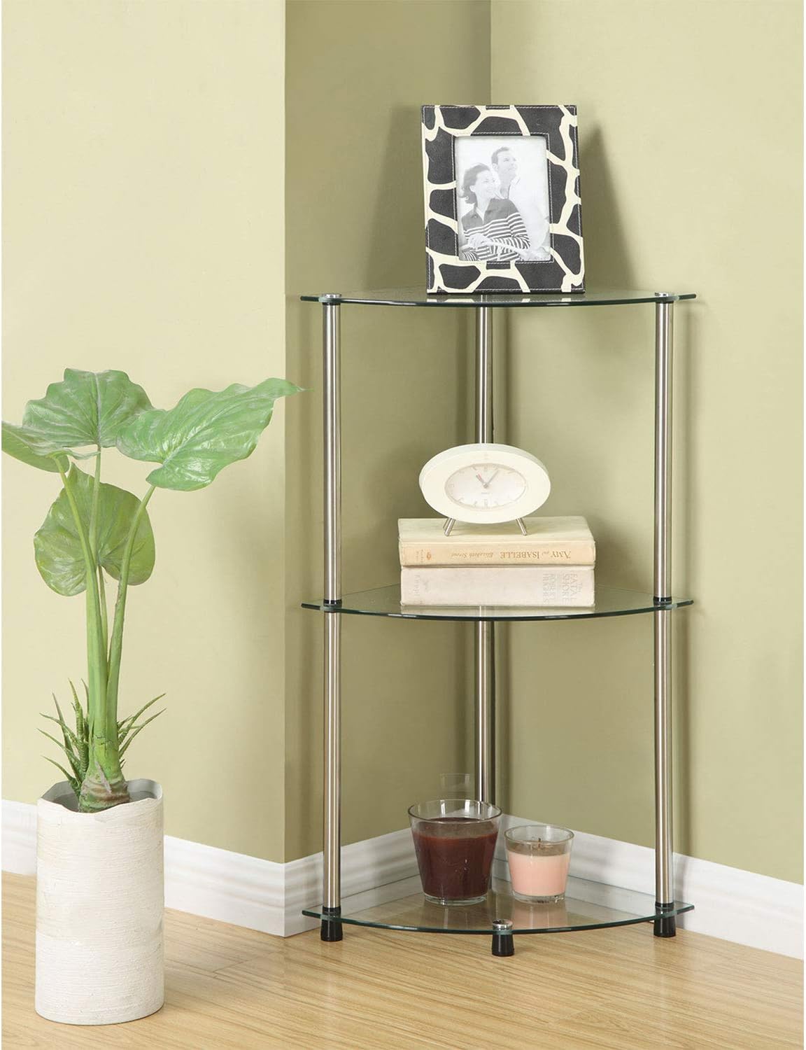 Convenience Concepts Designs2Go Classic Glass 3-Tier Corner Shelf 13.75" - Modern Media Bookshelf with Storage Shelves for Living Room, Display Storage Shelves for Family Room, Bathroom, Office, Glass/Chrome