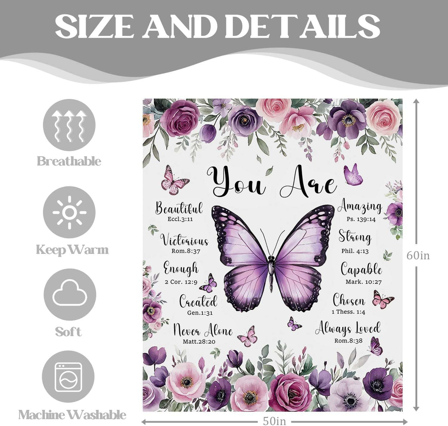 MASLEK Purple Butterfly Floral Blanket Soft Flannel Throw with Inspirational Quote Cozy Gift for Women Girls Bedroom Living Room Home, 50x60 Inch