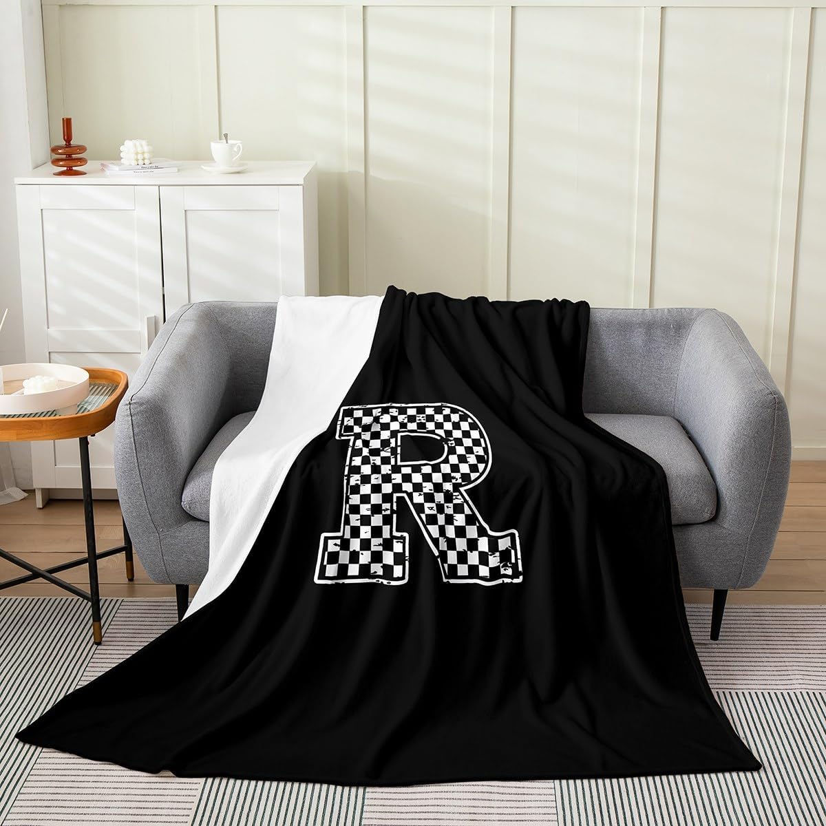 Initial Letter R Throw Blanket Throw 50x60 Race Style Racing Flag Flannel Blanket for Kids Teens Adults Geometric Plaid Black White Decor Fleece Blanket for Living Room Couch