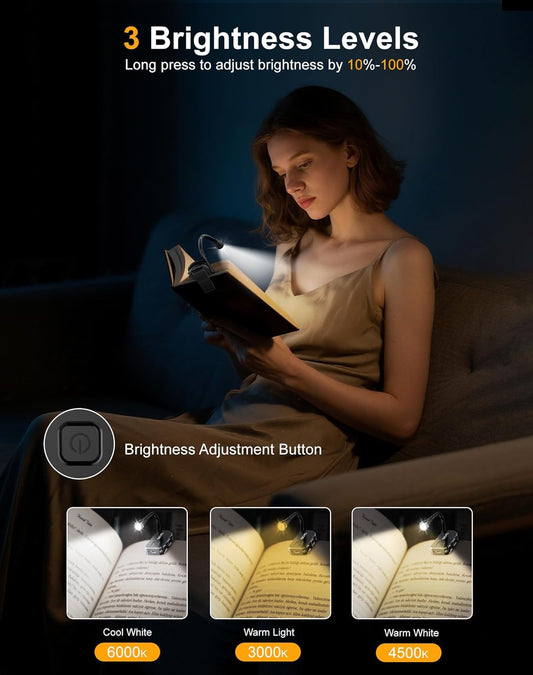 Extendable Book Lights for Reading at Night, Rechargeable Clip on LED Reading Light - 3 Color Temperatures with Stepless Dimming, 80 Hrs Runtime Lightweight Clip on Light for Book Lovers