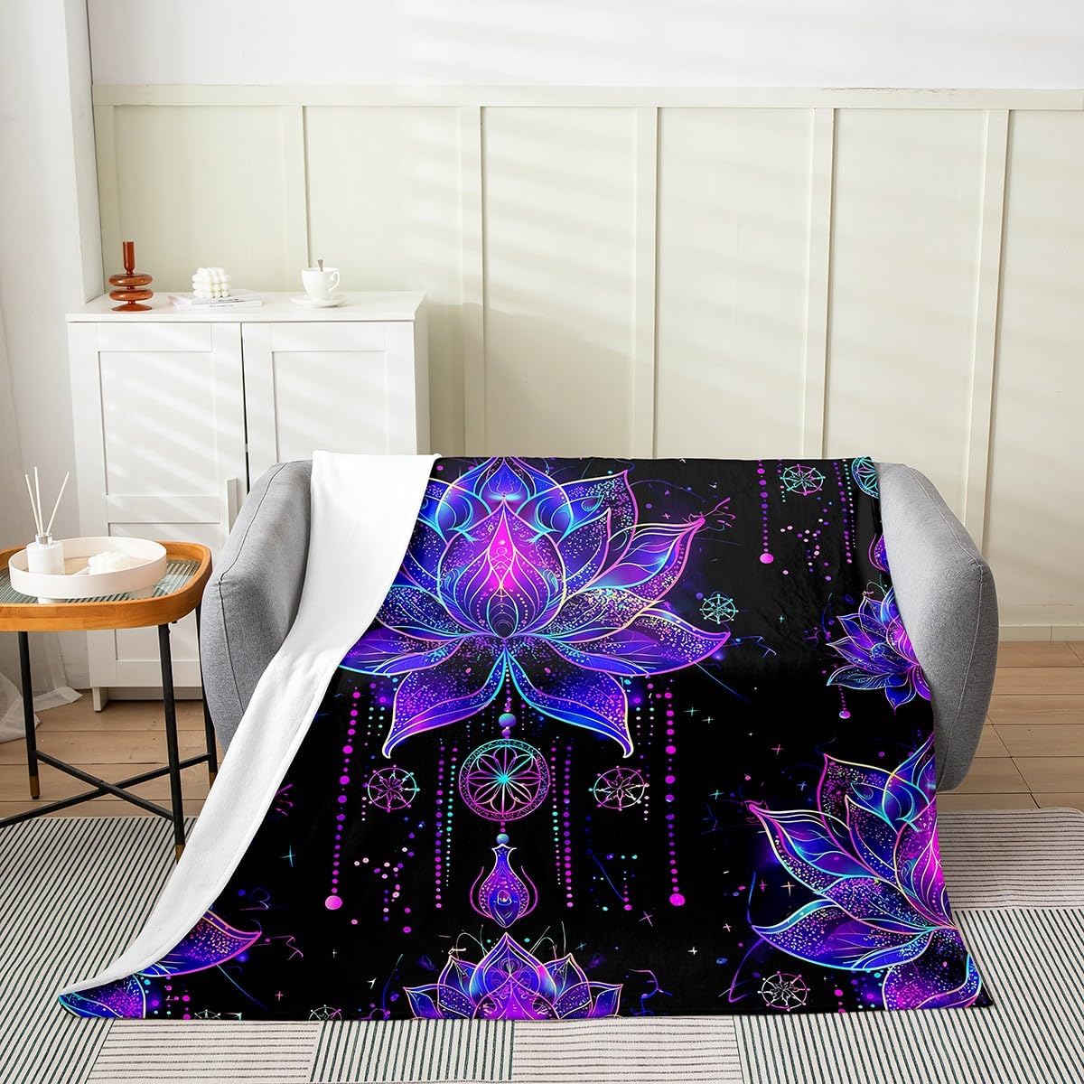 Erosebridal Bohemian Lotus Fuzzy Blanket Queen 90x90,Boho Hippie Paisley Blanket,Gradient Tribal Floral Flowers Throw Blanket Oriental Decor,Abstract Exotic Style Fleece Blanket,Pink Blue