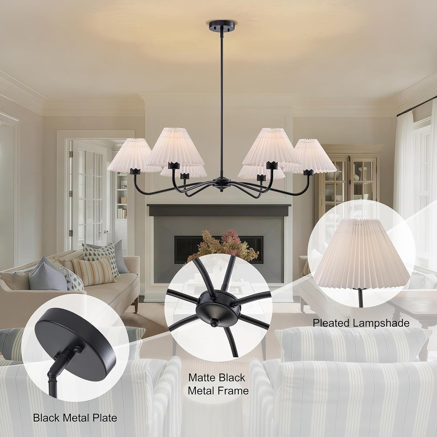 35.8'' Modern Farmhouse Chandelier with White Pleated Fabric Shades, 6-Light Black Hanging Pendant Light Fixture for Dining Living Room Kitchen Island Bedroom Foyer E26 Base