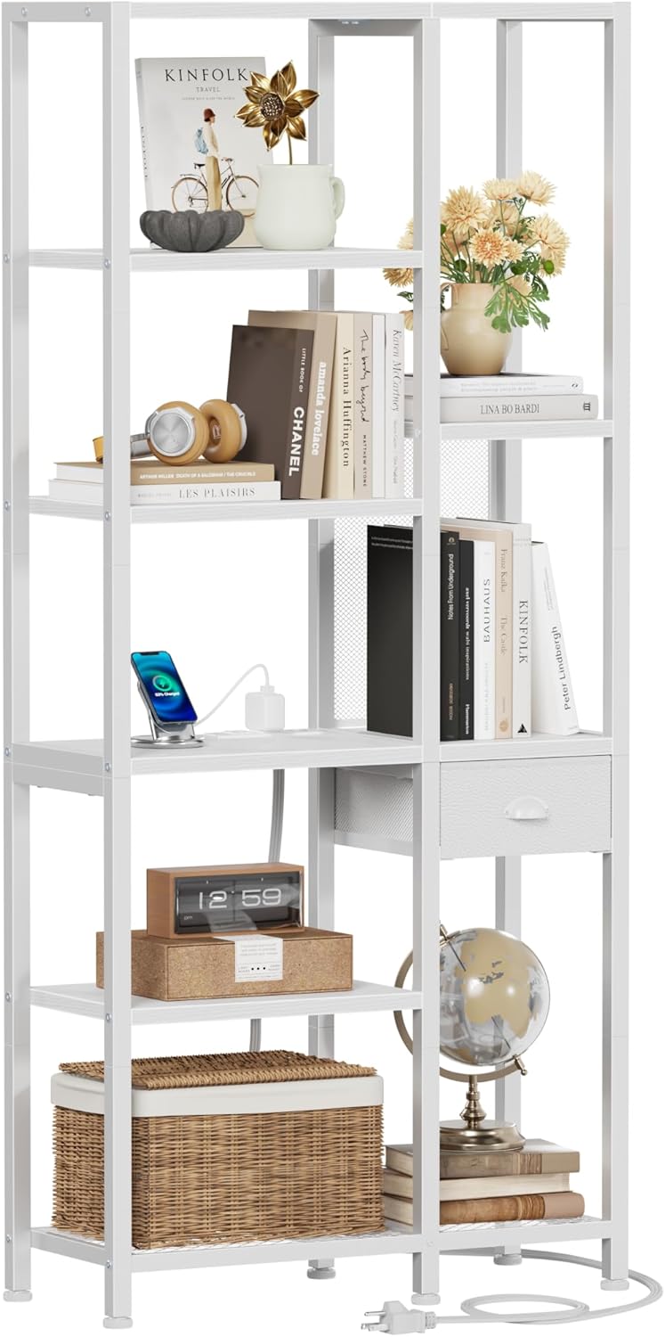 Furologee 6 Tier Bookshelf with USB Ports and Power Outlet, Book Shelf with Charging Station, Bookcase with Drawer, Storage Shelves for Bedroom,Home Office, Living Room, Bathroom, White