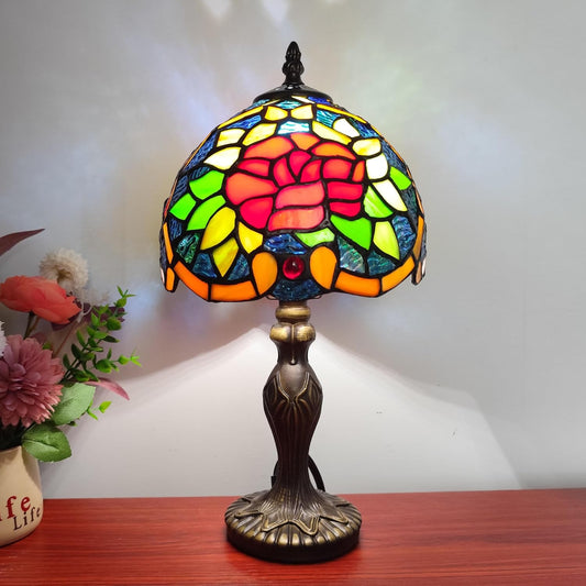 Tiffany Table Lamp Red Heart Rose Flower Stained Glass Lamp 3-Way Decorate Reading Light for Home Living Room Nightstand Bedroom Office Include Light Bulb