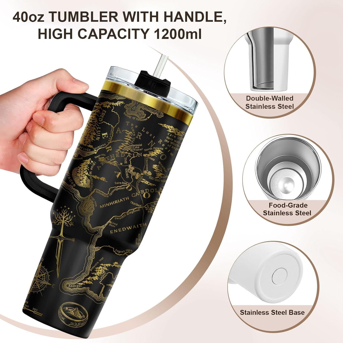 Fantasy Map Laser Engraved Tumbler 40oz Stainless Steel with Handle and Straw Epic Bookish Travel Cup Gold Engraving Gift for Fantasy Lovers Men Women