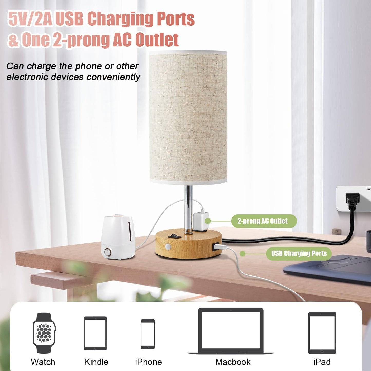 Table Lamp with Motion Sensor or Constant on Mode, USB Lamp Include One LED Bulb, Built in 1 USB Port & 1AC Outlet, Bedside Lamp Idea for Bedroom, Hallway, Bath Room