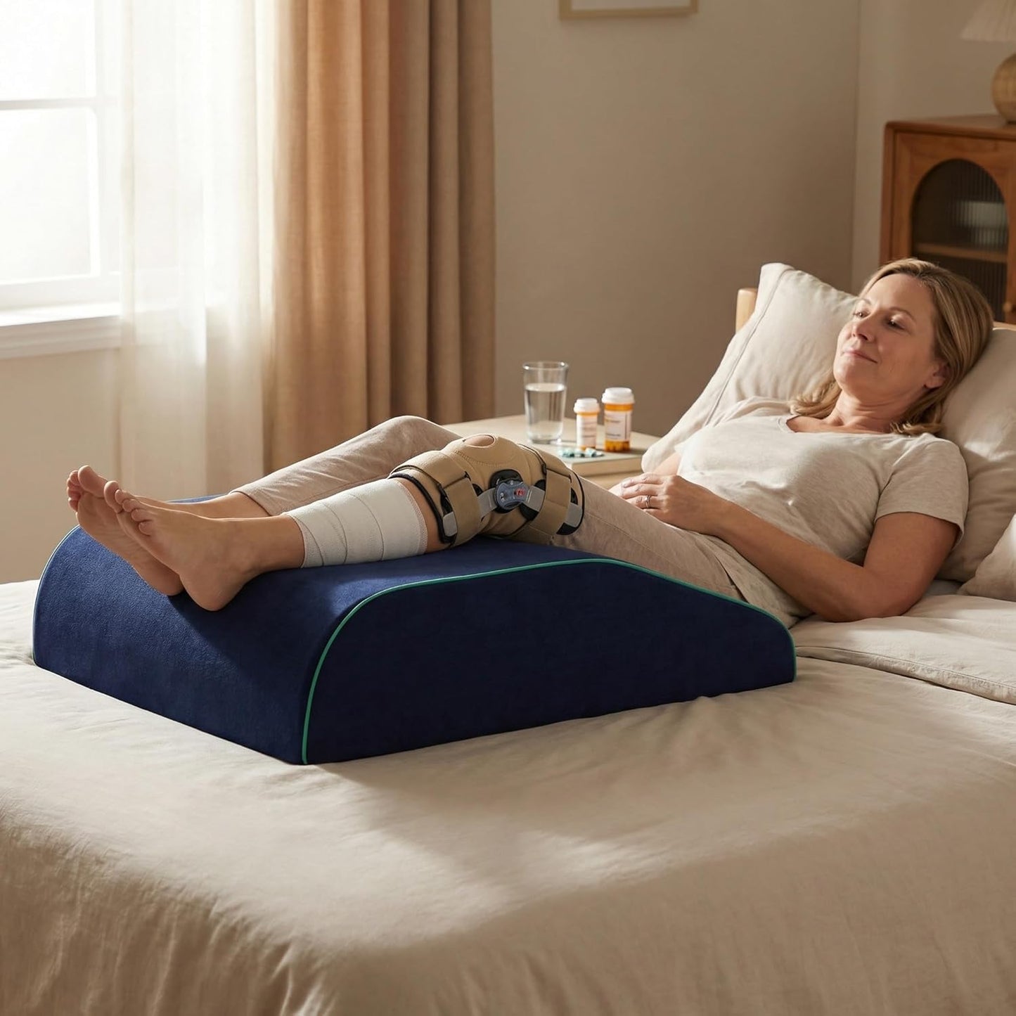 MHMHRZDSH Leg Elevation Pillows for After Surgery, Ergonomic Memory Foam Wedge Leg Elevation Pillow Comfort Care for Back Knee Hip Ankles Pain, Knee Elevation Pillow for Injury, Rest Blue