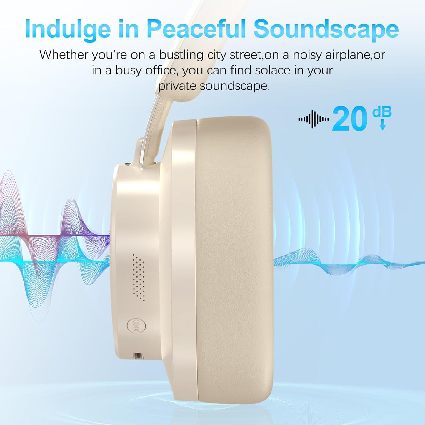 Noise Cancelling Headphones Wireless Bluetooth, Over Ear Headphones Bluetooth with Microphone, Cancelling Wireless Headphone Over Ear, 65h Playtime, Clear Calls, Comfort Fit For Travel (Beige)