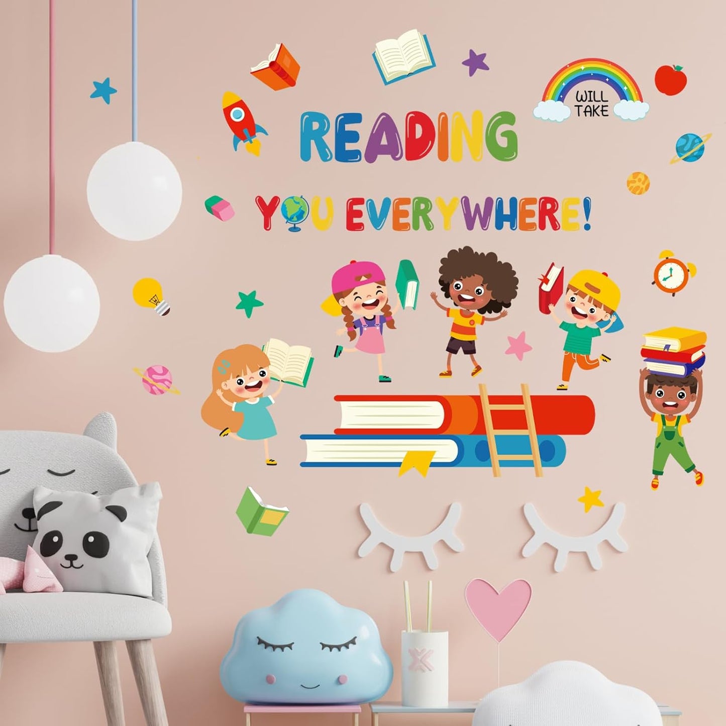 Reading Everywhere Wall Stickers - Inspirational Quotes Rainbow Book Wall Decals - Baby Nursery Kids Room Daycare Playroom Classroom Wall Decor (Read)