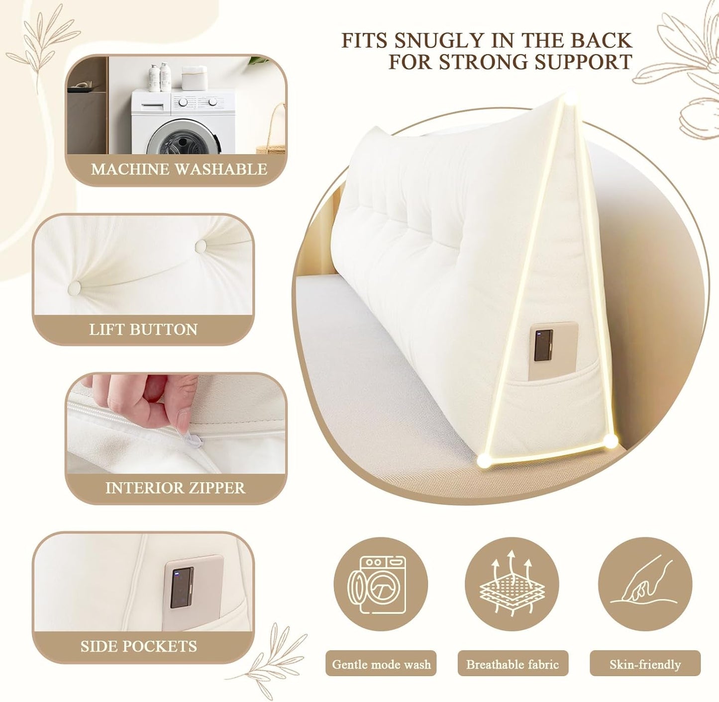 Headboard Pillow Queen, Large Triangular Wedge Headboard Pillow for Reading and Resting, Backrest Positioning Support Pillow with Removable Cover (Cream)