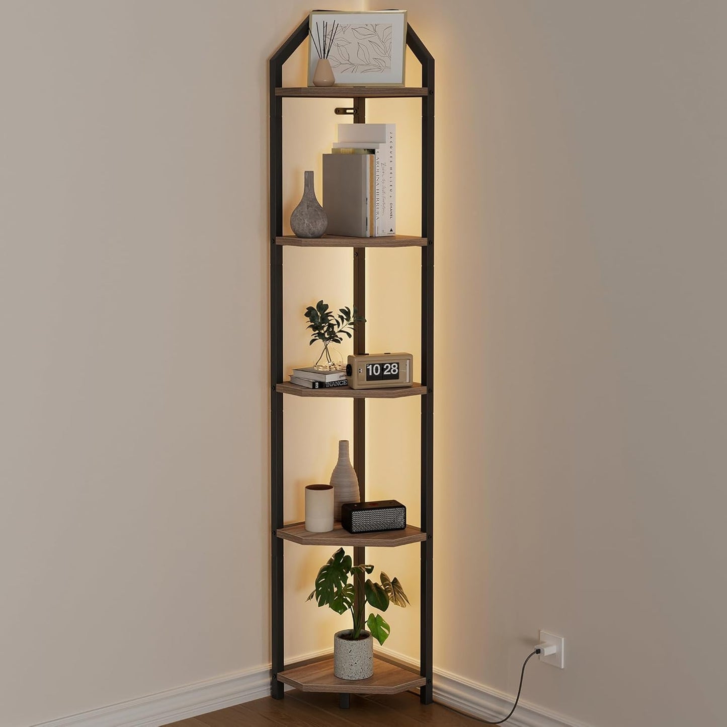70 Inch Corner Shelf with LED Lights, 5-Tier Corner Bookshelf for Small Spaces, Wood & Metal Storage Rack for Bedroom, Living Room, Office - Modern Space Saving Design- Grey