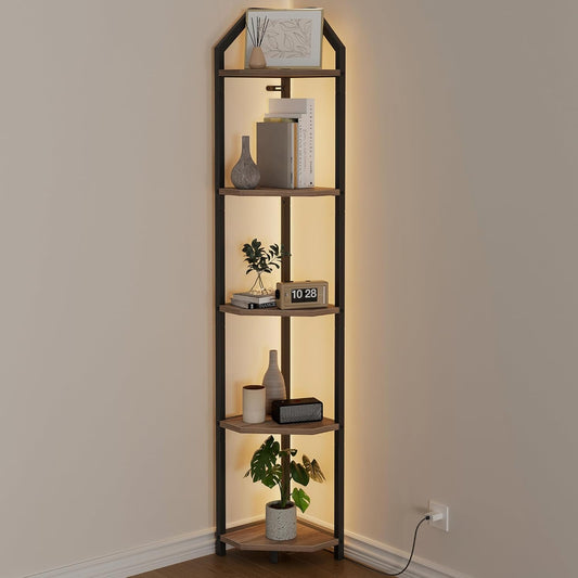 70 Inch Corner Shelf with LED Lights, 5-Tier Corner Bookshelf for Small Spaces, Wood & Metal Storage Rack for Bedroom, Living Room, Office - Modern Space Saving Design- Grey