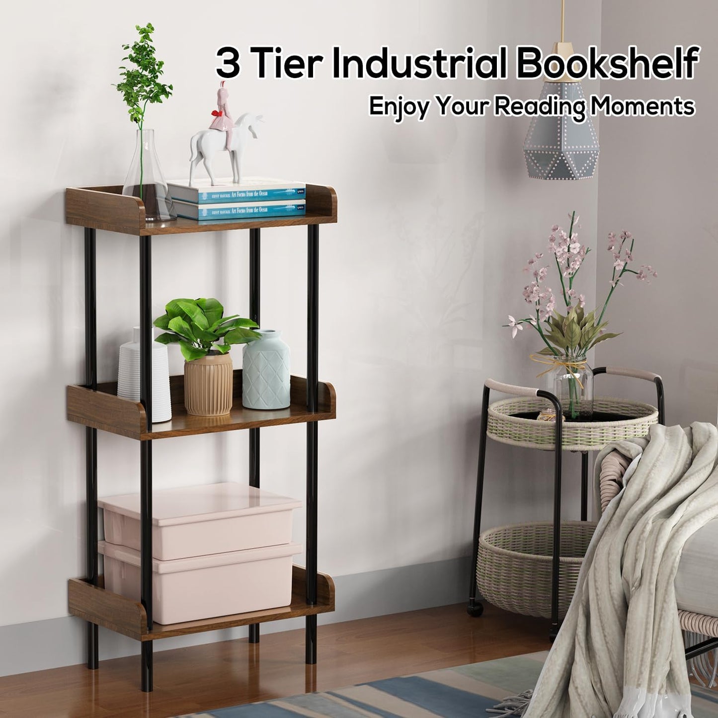 Bookshelf, 3 Tier Bookcase, Industrial Small Book Shelf, Rustic Brown Bookshelf, Metal Display Shelf Storage Organizer for Living Room, Bedroom& Home Office