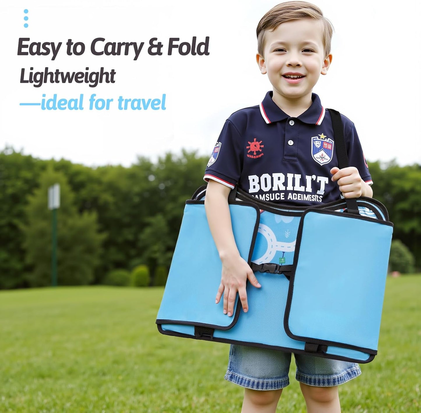 OUOZZZ Kids Travel Tray for Car - Boy's Safety Seat Table, Toddler Road Trip Essentials - Carseat/Airplane Lap Desk with Weight-Relief Strap, Non-Skid Silicone Base, Waterproof Dining/Craft Mat